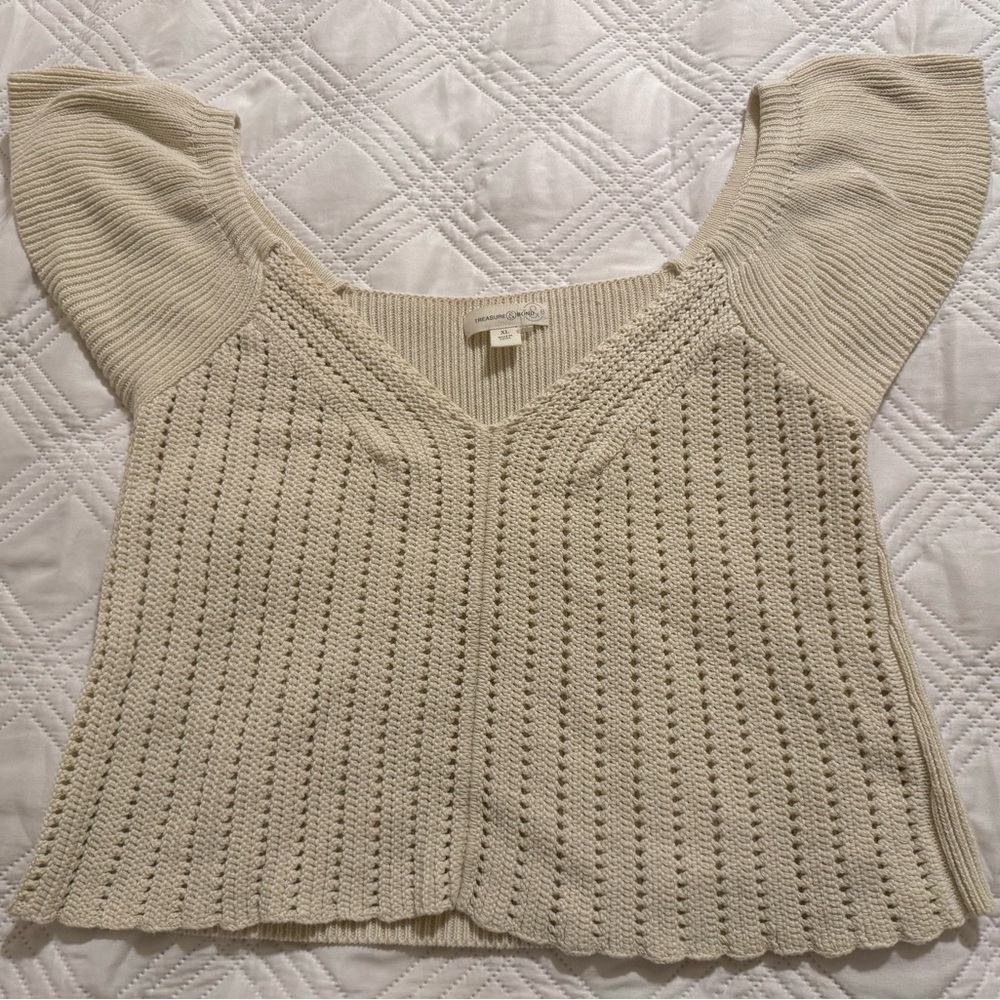 Cream knit blouse with flutter sleeves, size XL